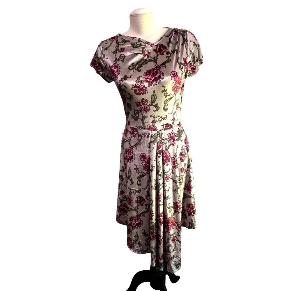 MIa Joy Marli Velvet Floral Dress Sz Small Womens Pink & Beige Short Sleeve